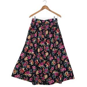 VTG Christin Stevens Maxi Skirt Sz L Black Multi Floral Button Front Boho